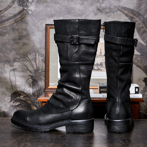 Men's High Top Long Platform Side Zip Biker Boots