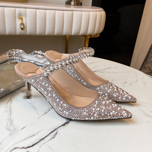 Pointed Shallow Mouth Rhinestones Pearl Flat High Heels Single Shoes Women